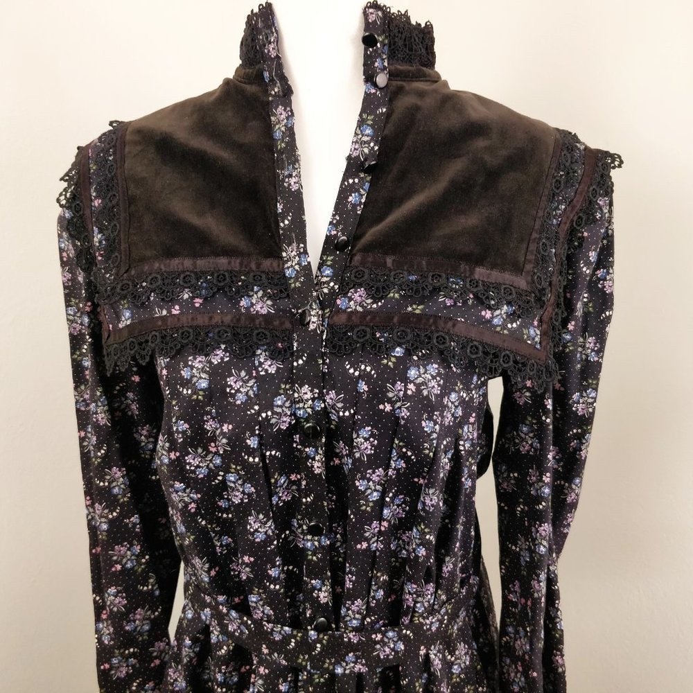 Gunne Sax Black Calico Floral Velvet Button Dress Gunnie RARE Dark moody - Picture 6 of 16